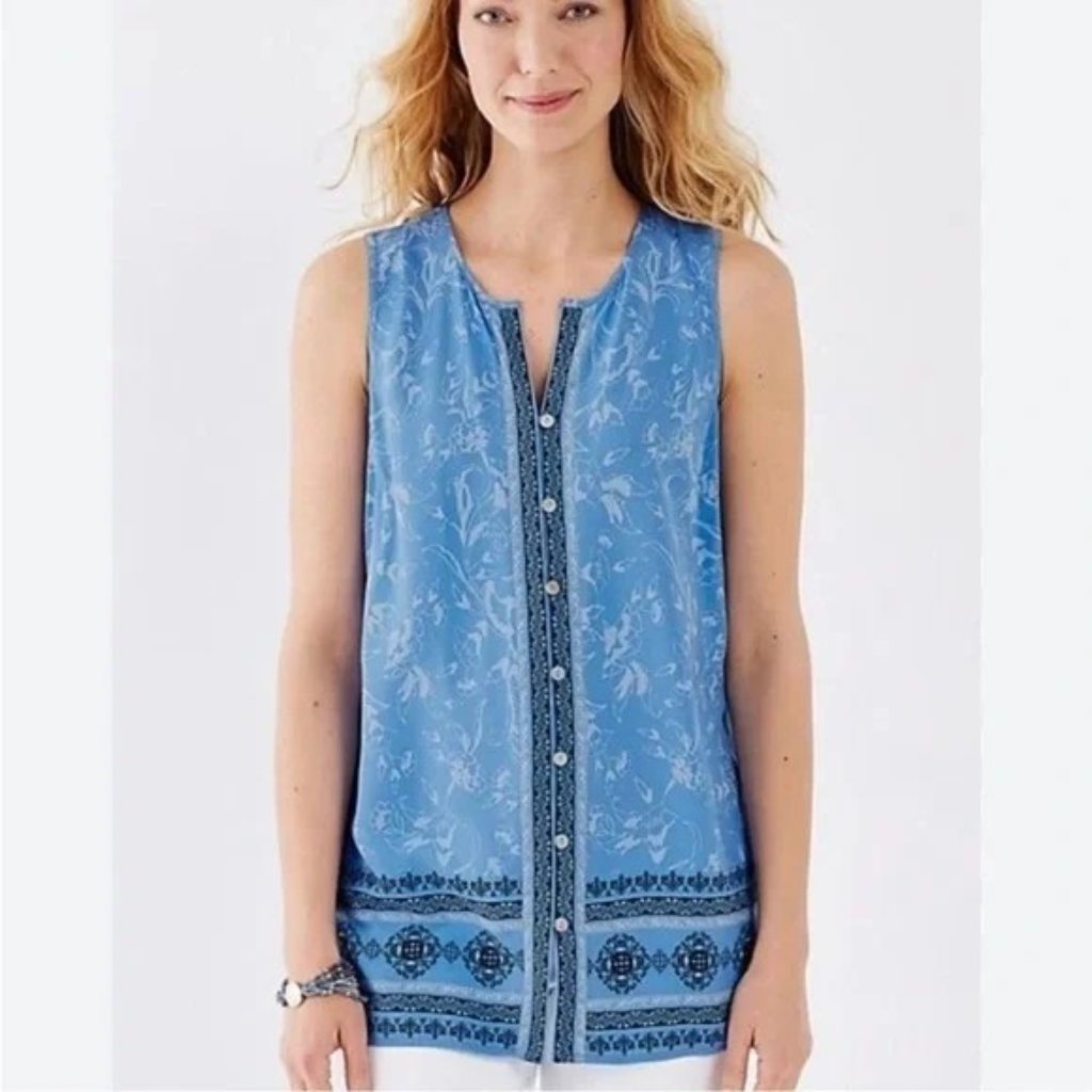 J. Jill Tunic Sleeveless Top Button Front Loose Fit Blue Print Blouse Size L
